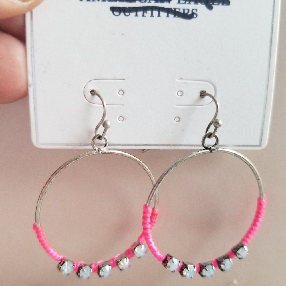 AE American Eagle Hot Pink Moon Stone Silver Hoops
